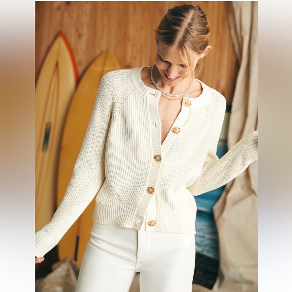 Faherty Ivory Ribbed Button Cardigan